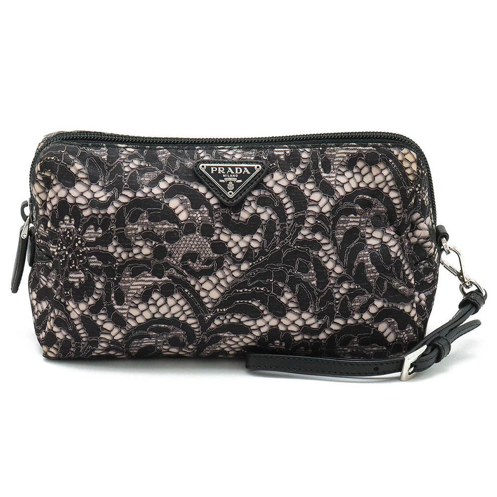 Prada Cosmetic Pouch Clutch Makeup Accessory Case NERO Black Pink Strap